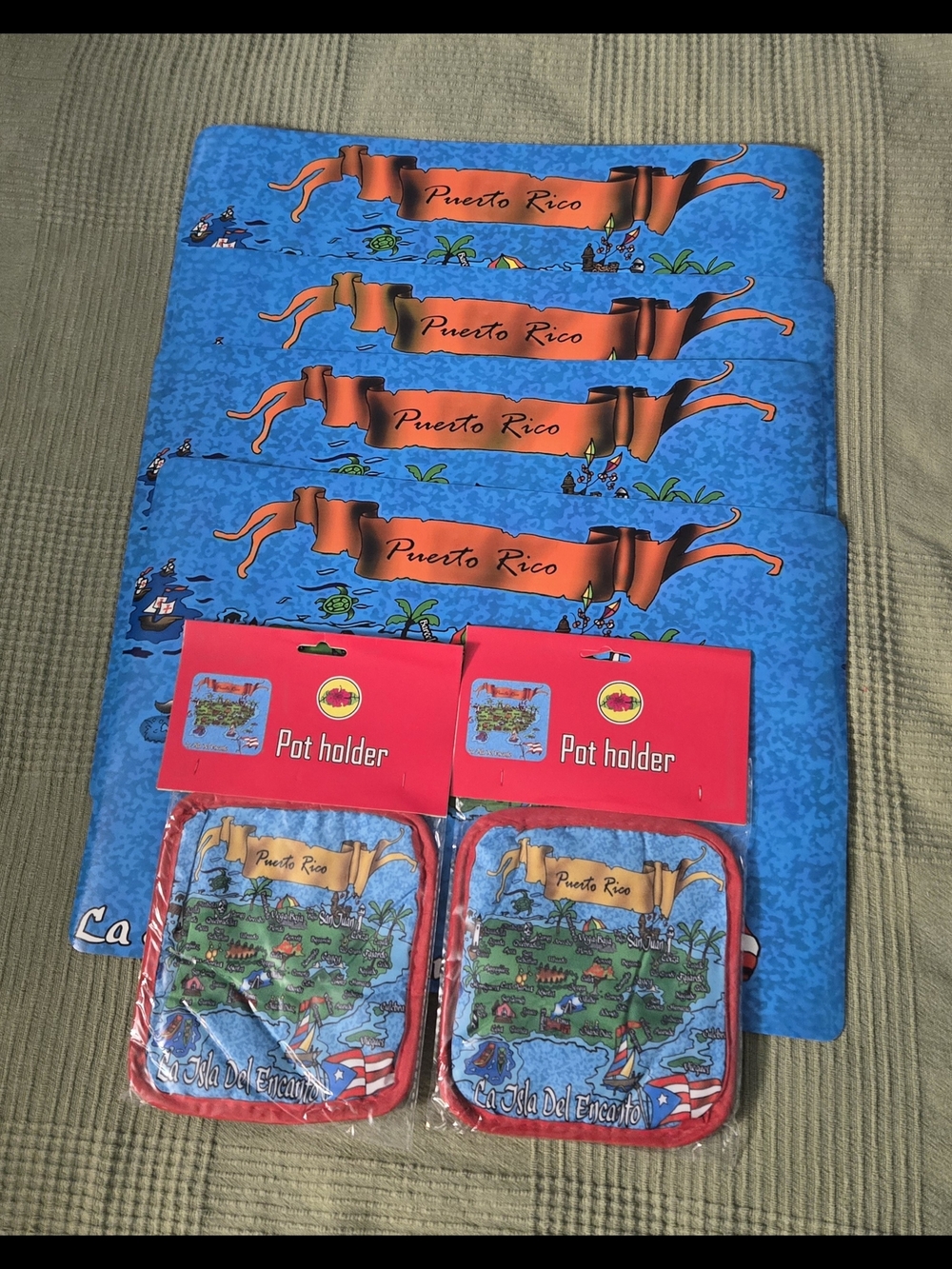 Puerto Rico Blue Souvenir Placemats & Red-Trim Pot Holders And Place Mat